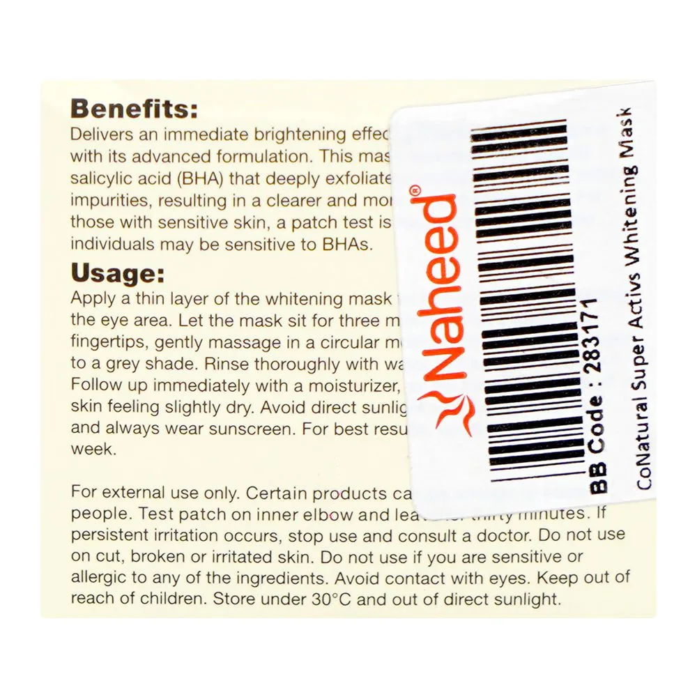 Side view of conatural super activs whitening face mask, sulphate & paraben free, 50g