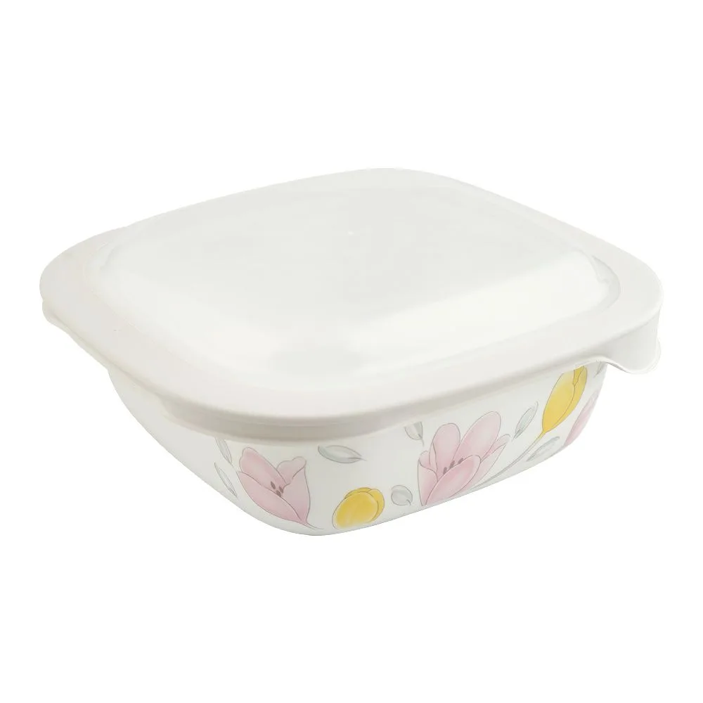 Side view of corelle square dish elegant city with plastic lid 1.41l, d-48-ec