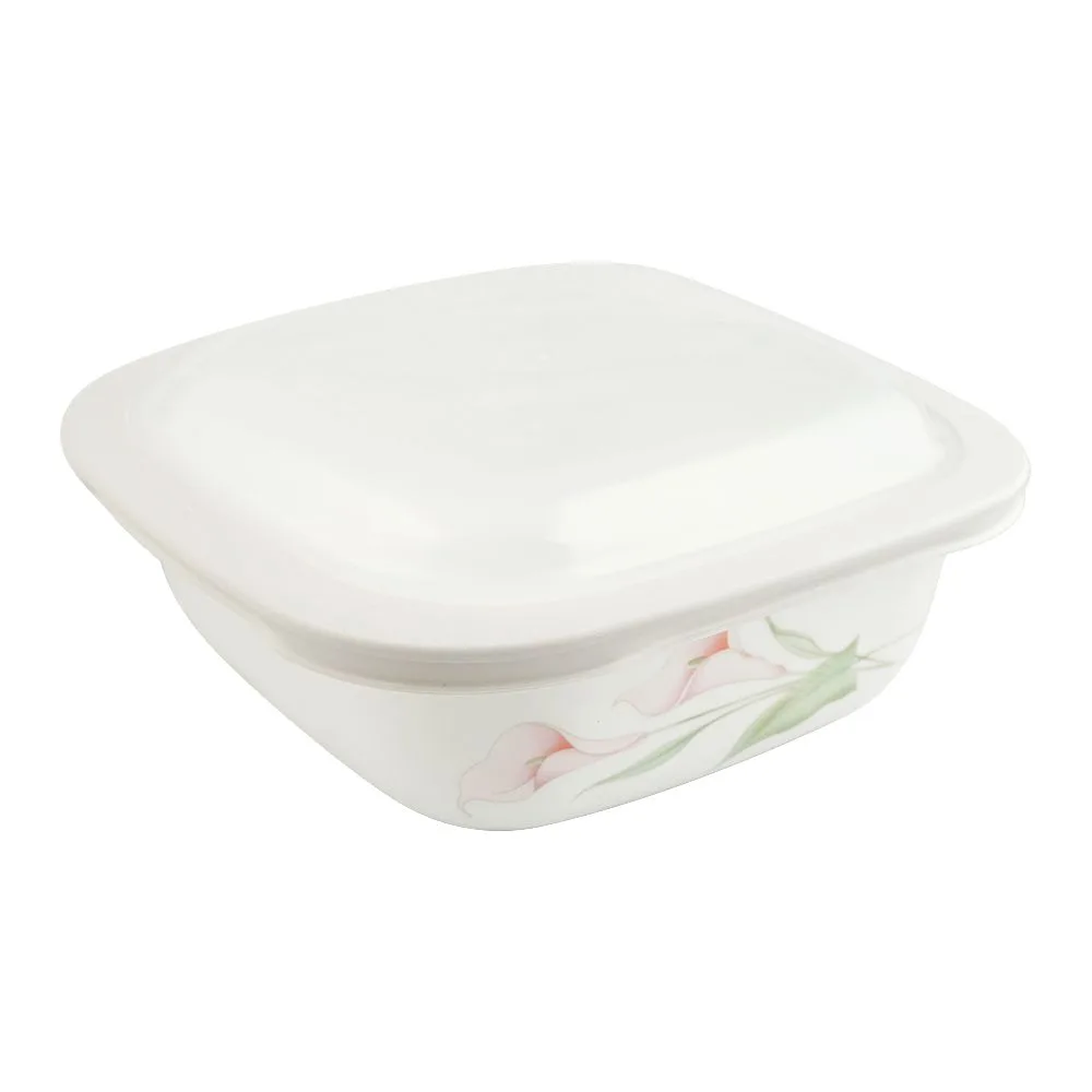 Side view of corelle square dish lillyville with plastic lid 1.41l, d-48-lv