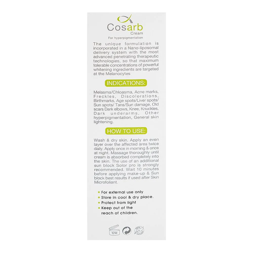 Side view of cosderm cosarb skin whitening cream, for hyperpigmentation, 35g