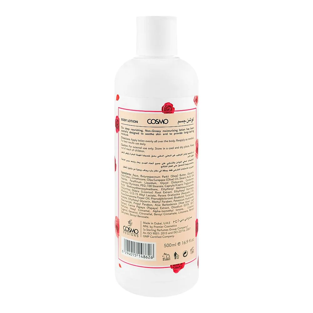 Side view of cosmo beaute romance perfumed body lotion, aloe vera & vitamin e, for radiant skin, 500ml