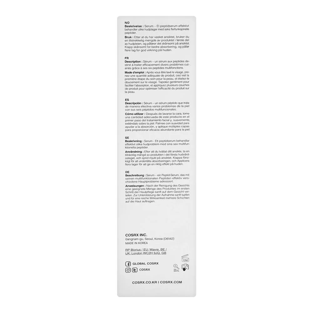 Side view of cosrx the 6 peptide skin booster serum, paraben free, for all skin types, 150ml
