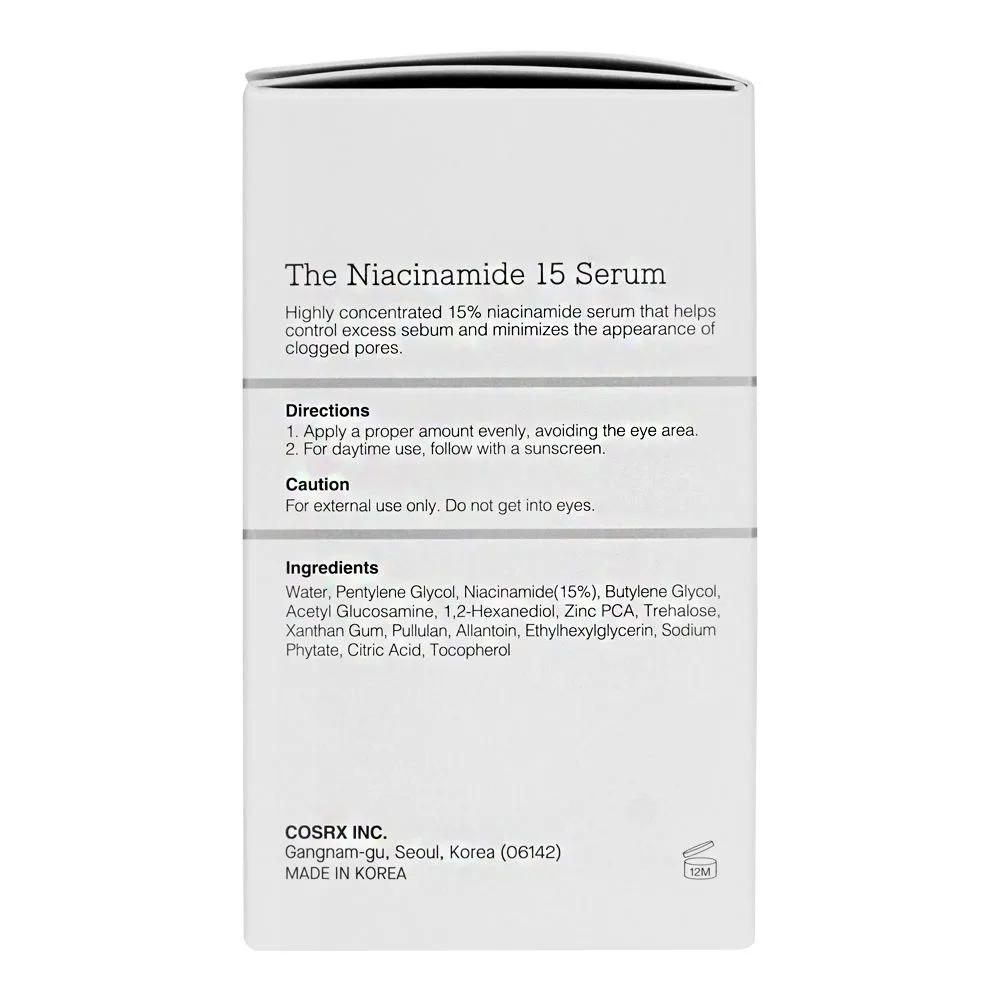 Side view of cosrx the niacinamide 15 acetyl glucosamine + zinc pca serum, 20ml