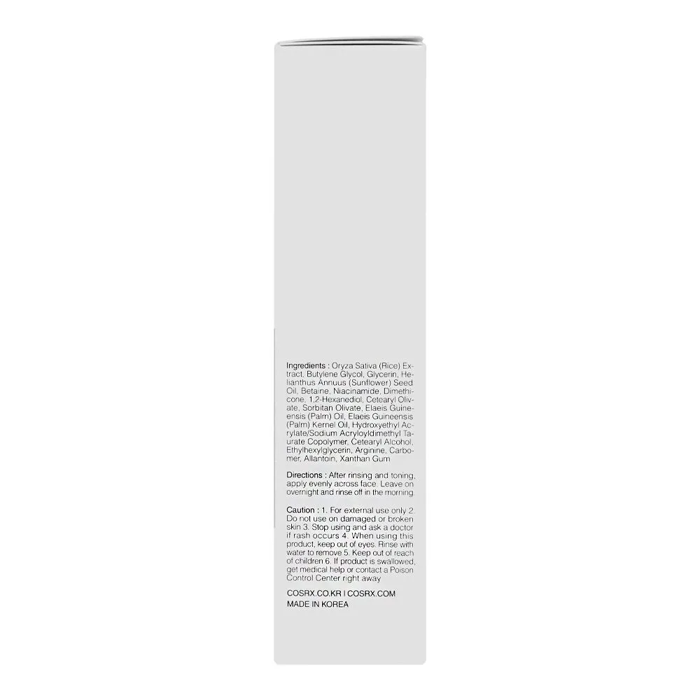 Side view of cosrx ultimate nourishing rice overnight spa mask, paraben free, niacinamide, rice extract, for all types of skin, 60ml