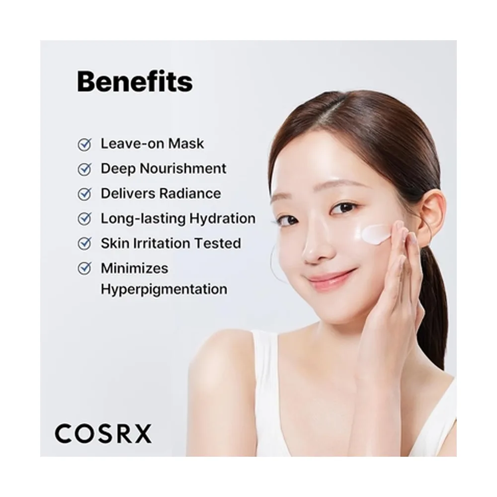 Close-up design of cosrx ultimate nourishing rice overnight spa mask, paraben free, niacinamide, rice extract, for all types of skin, 60ml