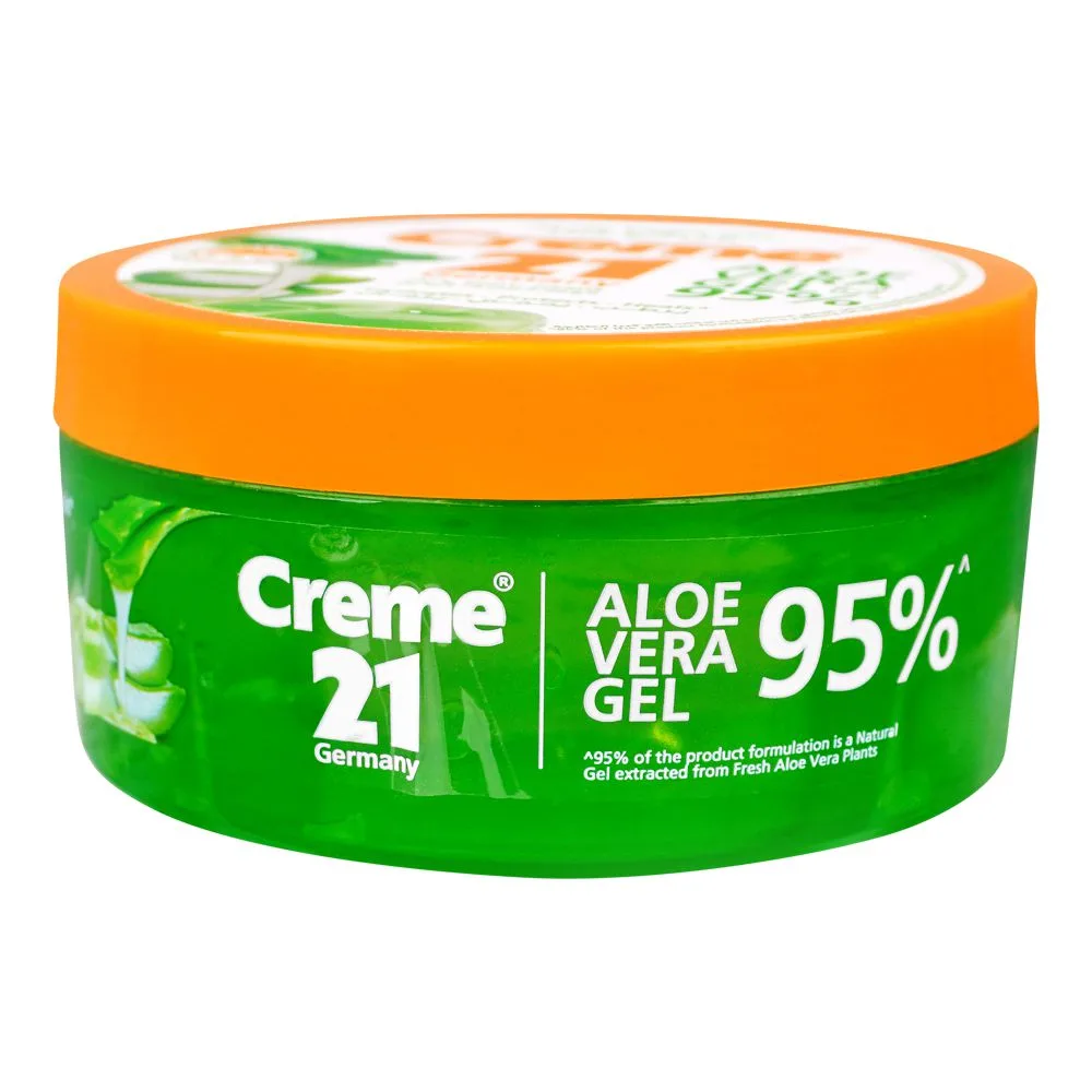 Side view of creme 21 95% aloe vera gel with vitamin e & c for face, body and hands, 300ml