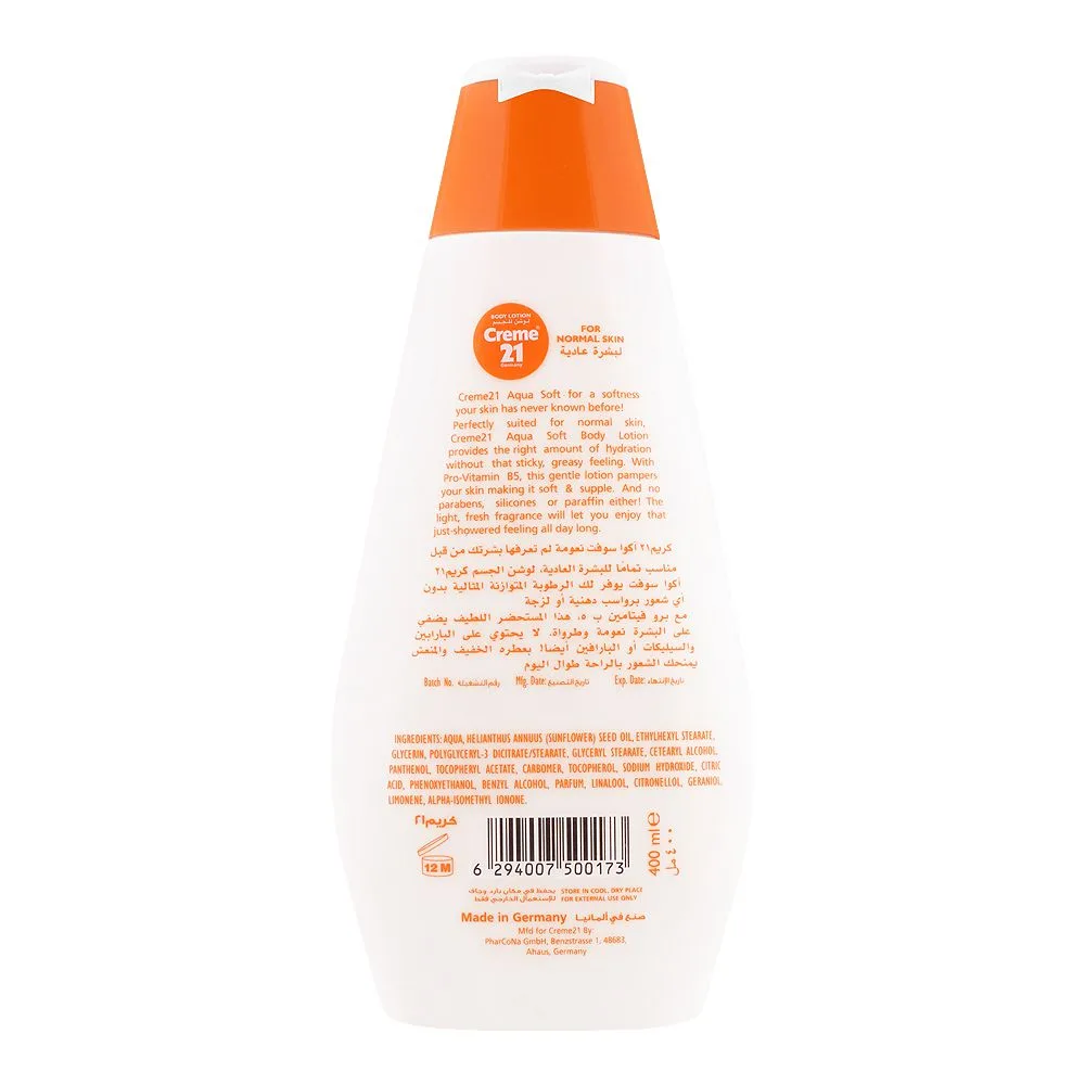 Side view of creme 21 aqua soft body lotion, 400ml