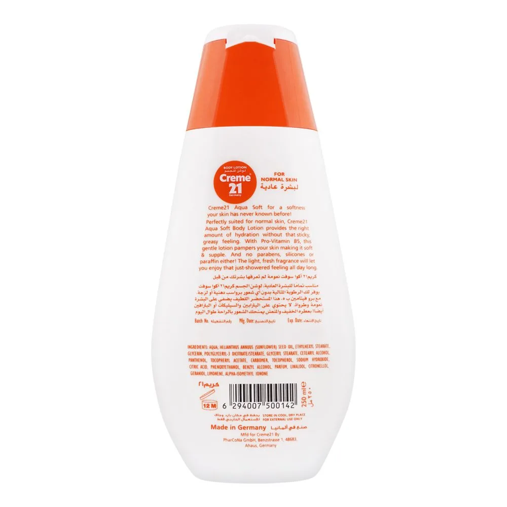 Side view of creme 21 aqua soft pro vitamin b5 body lotion, 250ml