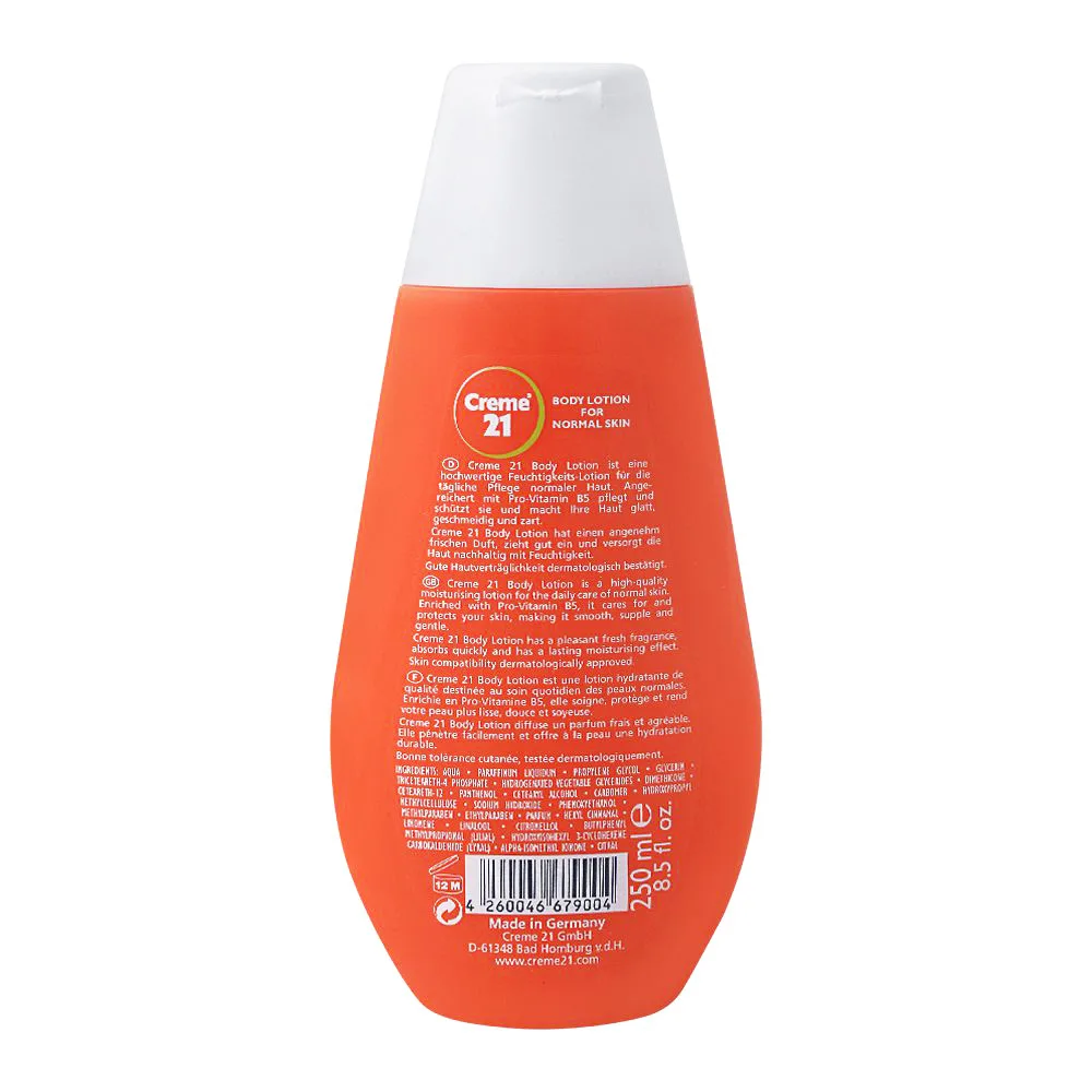 Side view of creme 21 body lotion, normal skin, 250ml