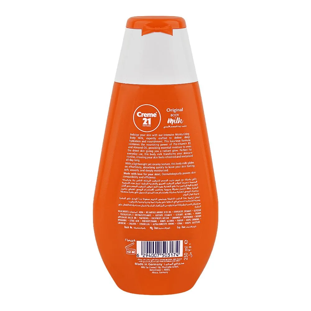 Side view of creme 21 body milk original body lotion, citric acid, 250ml