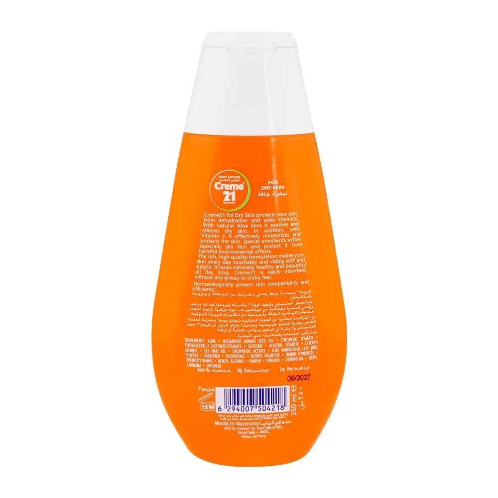 Side view of creme 21 dry skin lotion with vitamin e & aloe vera, 250ml