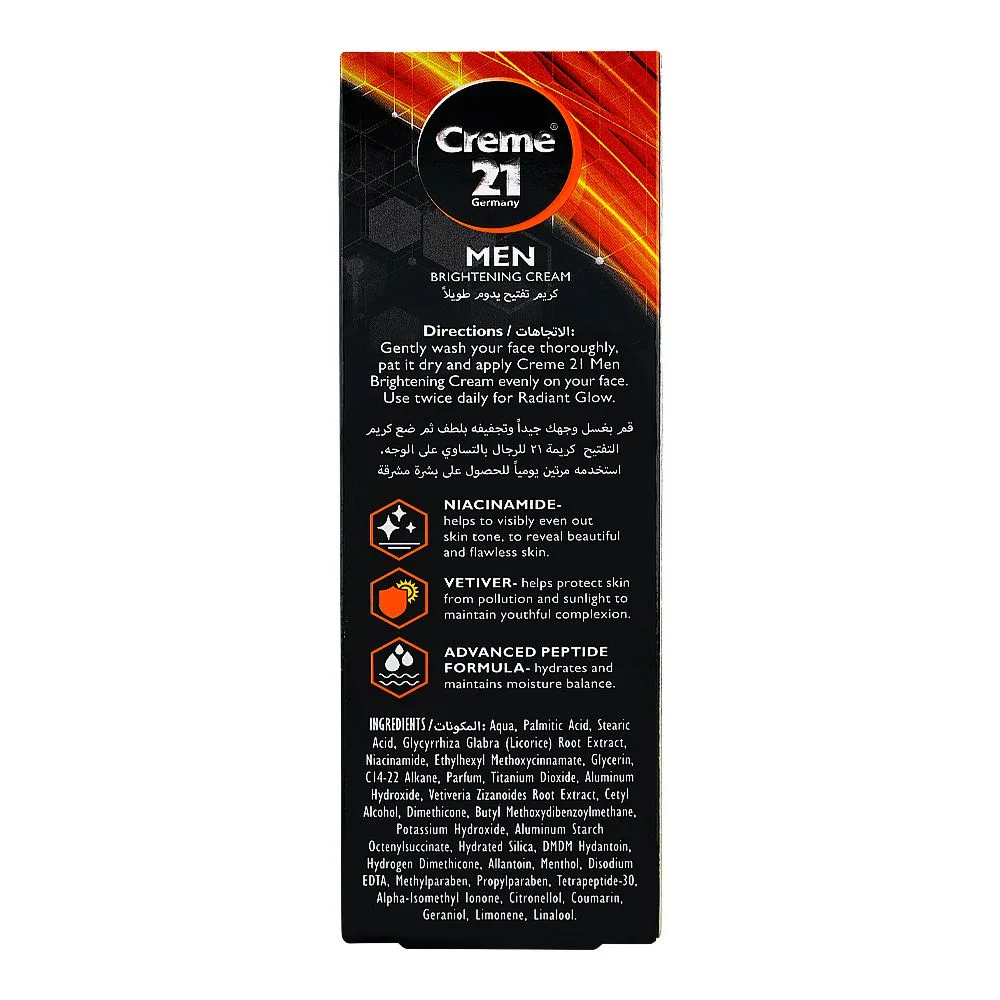 Side view of creme 21 men brightening cream with vetiver, niacinamide & sun protection, 100g