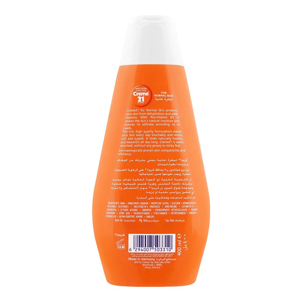 Side view of creme 21 normal skin body lotion, 400ml