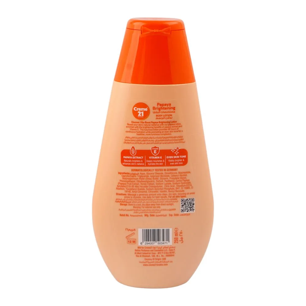 Side view of creme 21 papaya brightening body lotion, vitamin e, for all types of skin, 250ml
