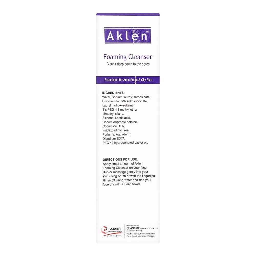 Side view of crystolite pharmaceuticals aklen foaming cleanser, for acne prone & oily skin, 120ml