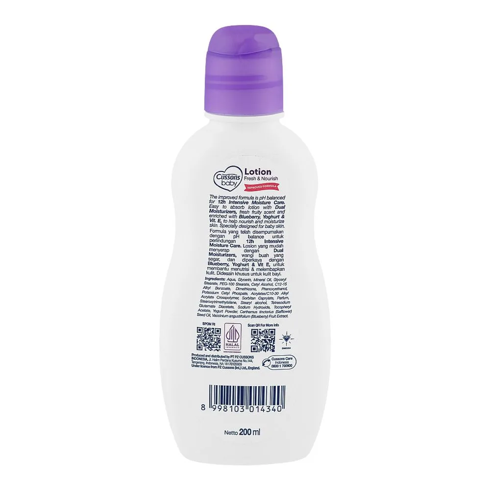Side view of cussons baby fresh & nourish lotion, vitamin e, 200g