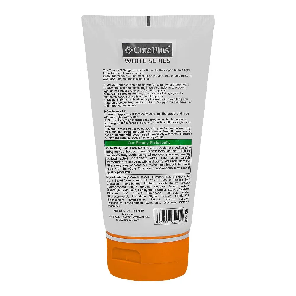 Side view of cute plus vitamin-c 3in1 wash+scrub+mask, salicylic acid + mineral complex, for all skin types, 150ml