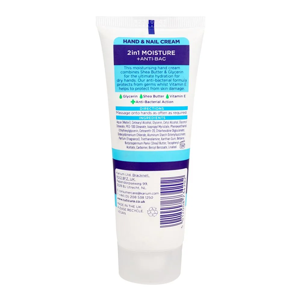 Side view of cuticura 2in1 moisture+anti-bac hand & nail cream, for dry hands, 75ml