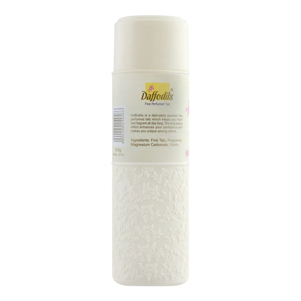Side view of daffodils elegance fine perfumed talcum powder, 125g