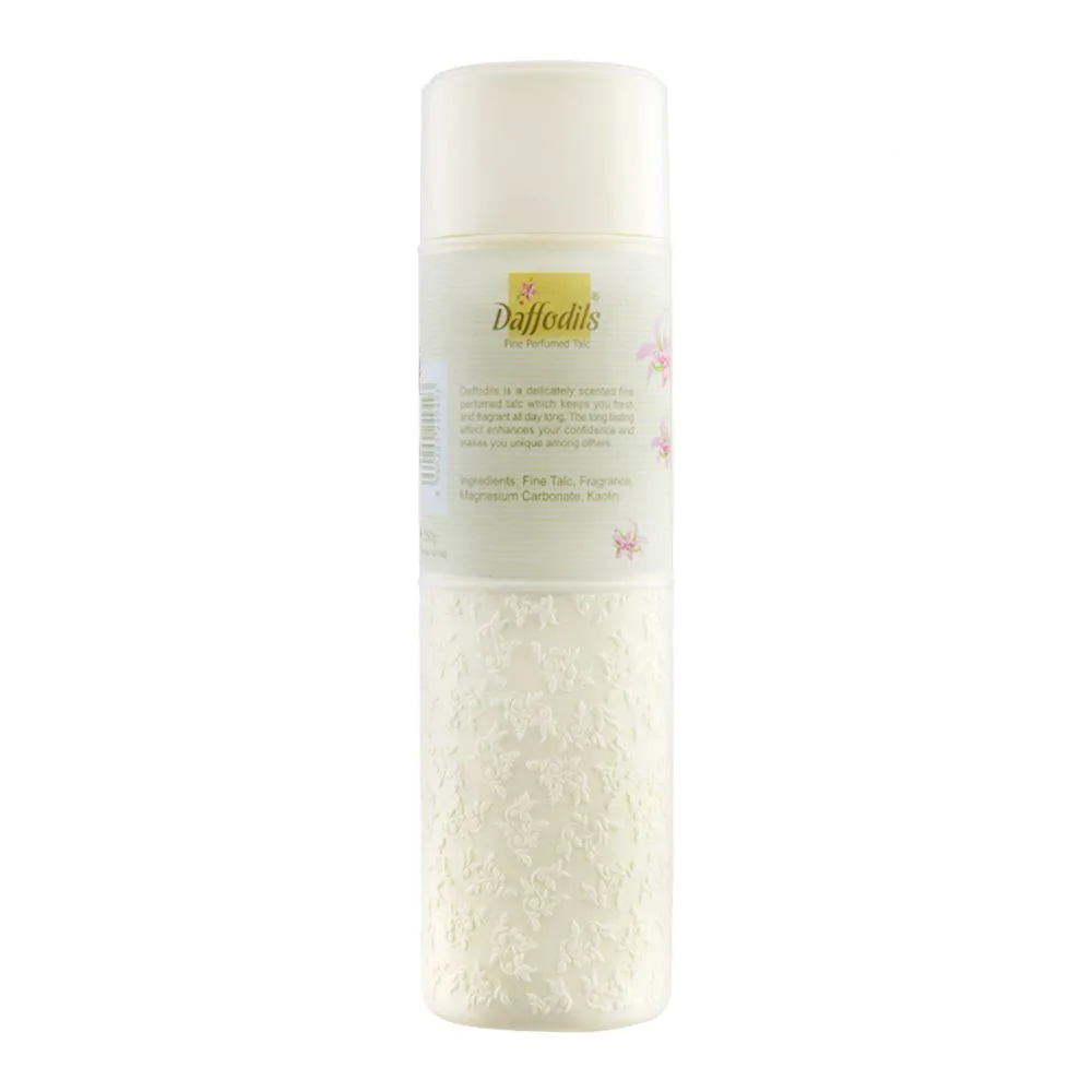Side view of daffodils elegance fine perfumed talcum powder, 250g