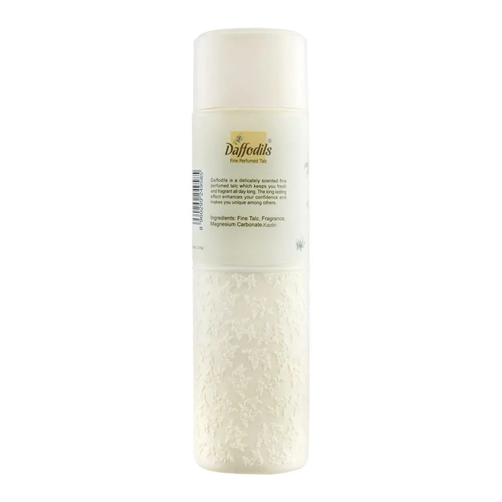 Side view of daffodils energize fine perfumed talcum powder, 125g