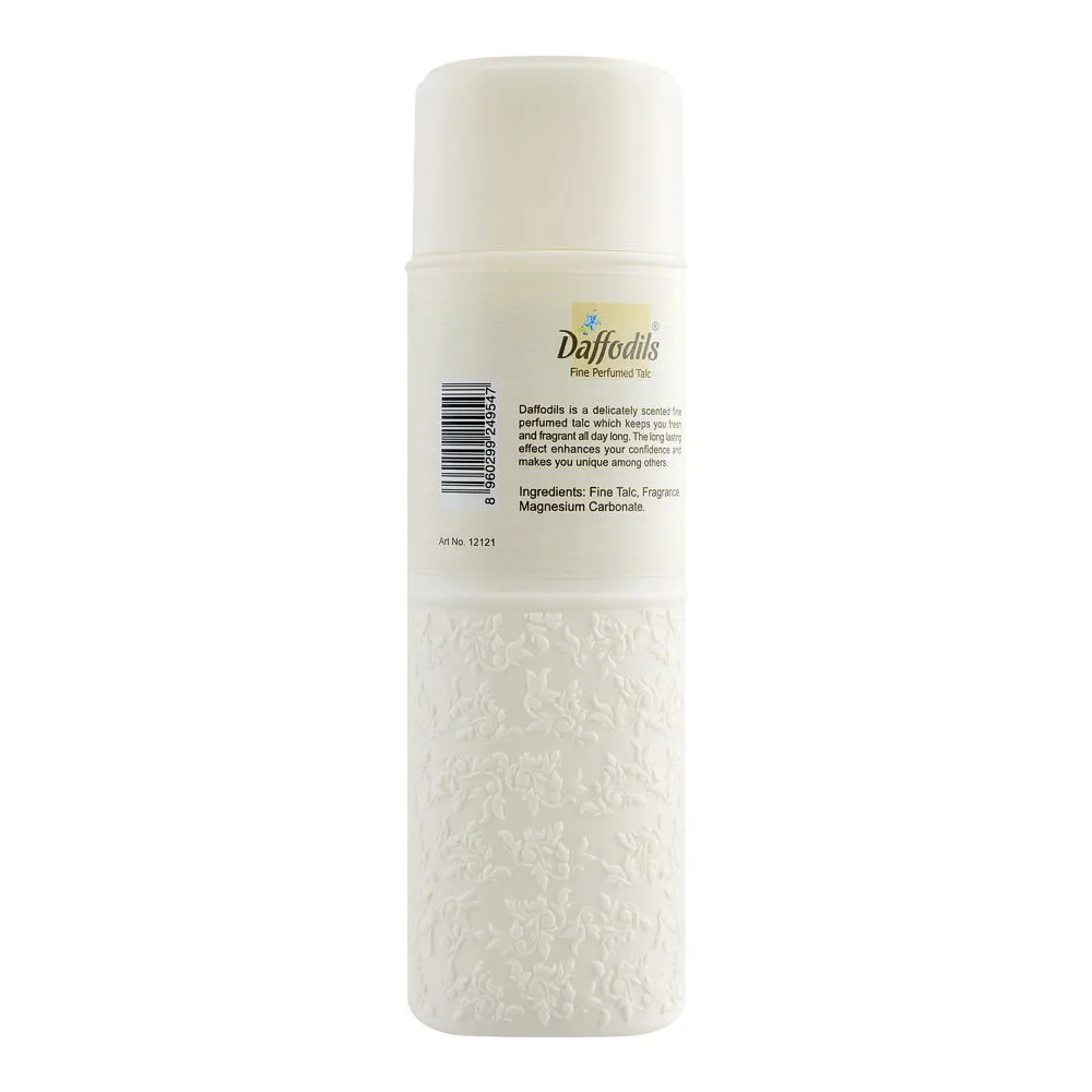 Side view of daffodils fantasy fine perfumed talcum powder, 125g