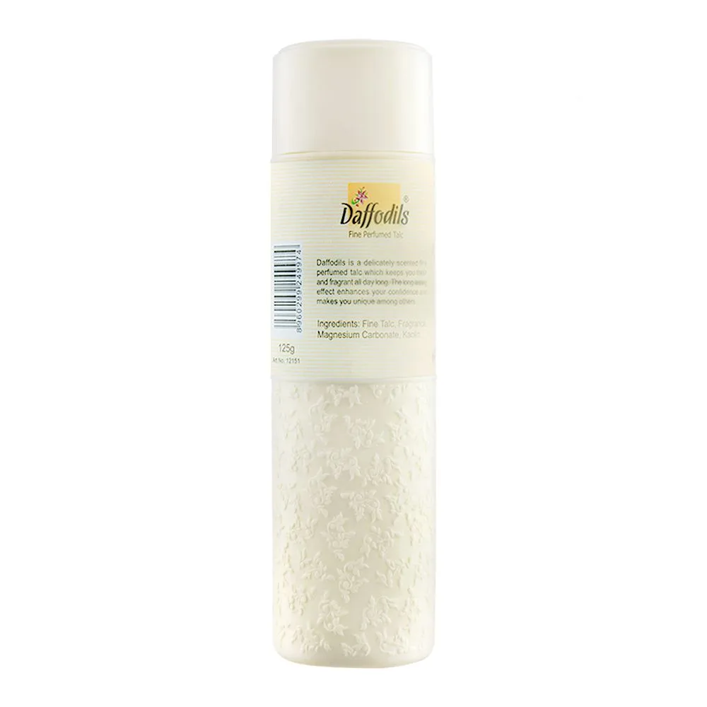 Side view of daffodils flora fine perfumed talcum powder, 125g