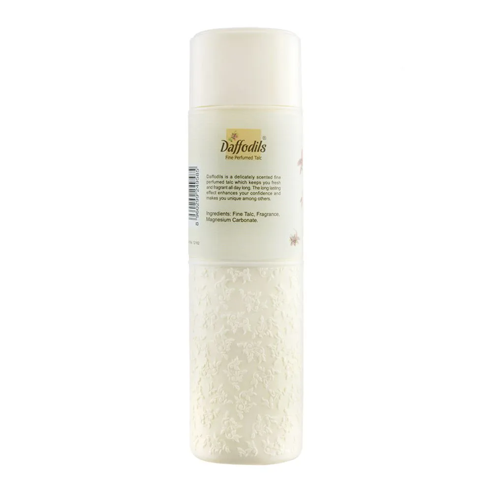 Side view of daffodils flora fine perfumed talcum powder, 250g