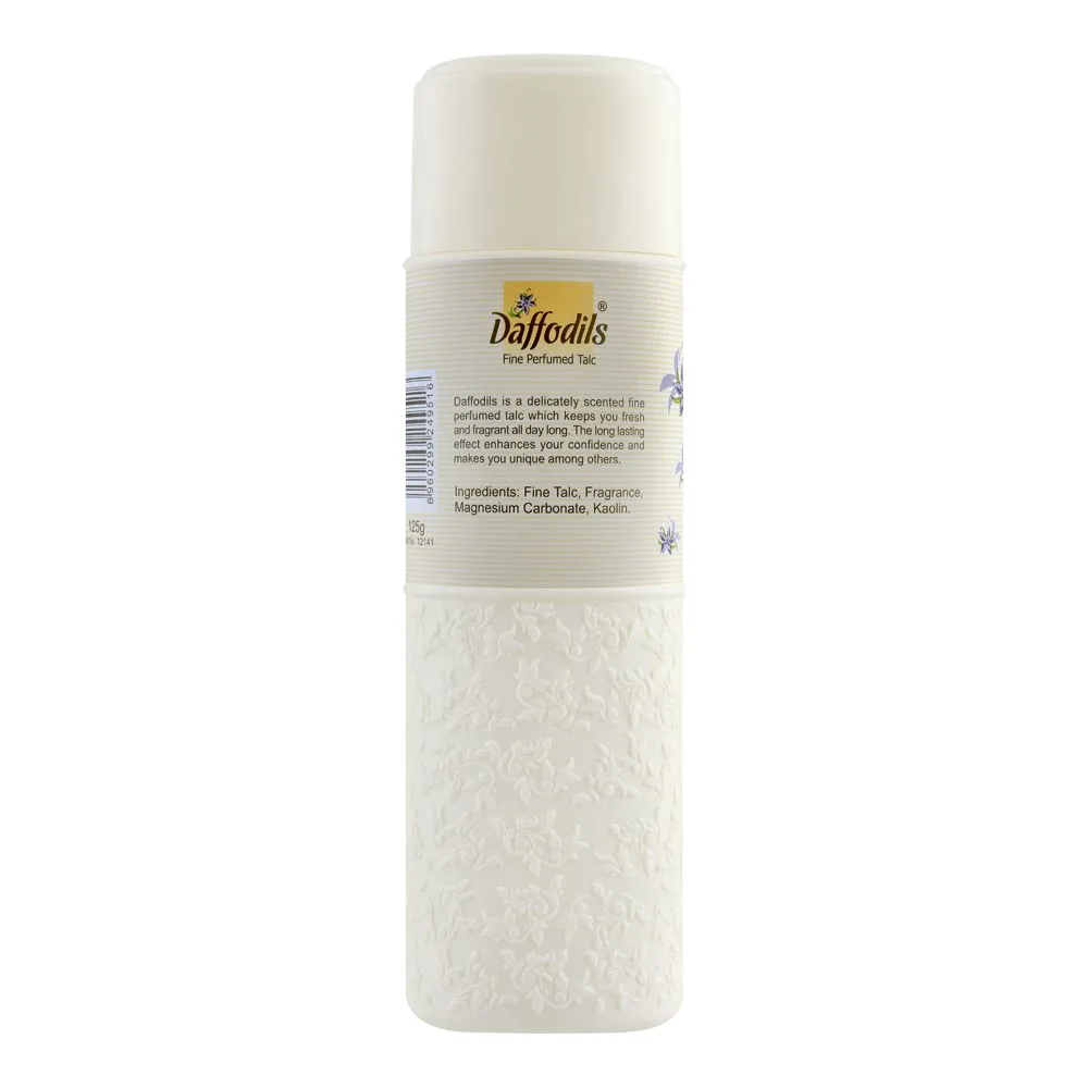 Side view of daffodils radiance fine perfumed talcum powder, 125g