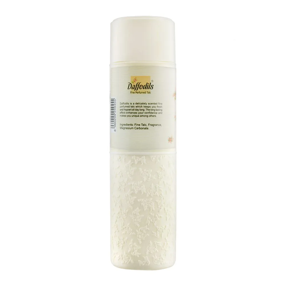 Side view of daffodils sweet dream fine perfumed talcum powder, 250g