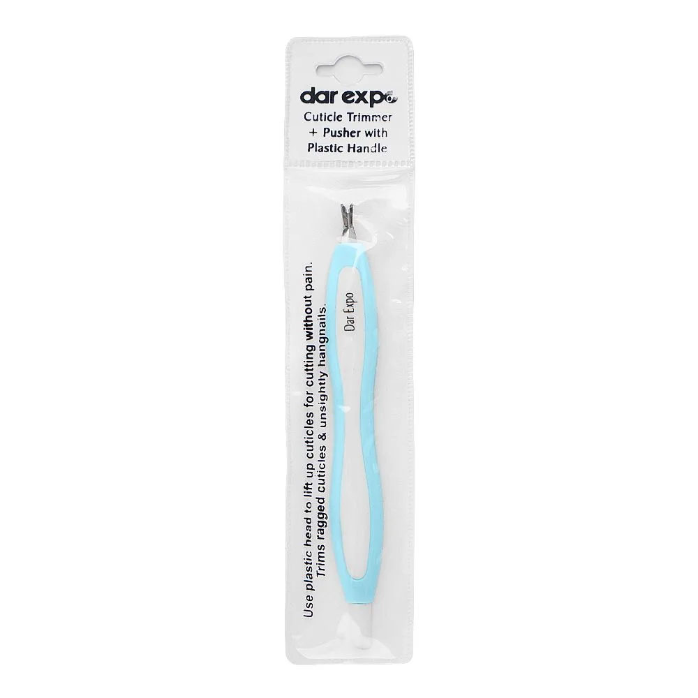 Side view of dar expo cuticle trimmer+pusher with plastic handle