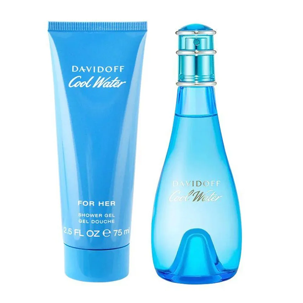 Front angle of davidoff cool water gift set, for women, edt spray 30ml + body lotion 75ml