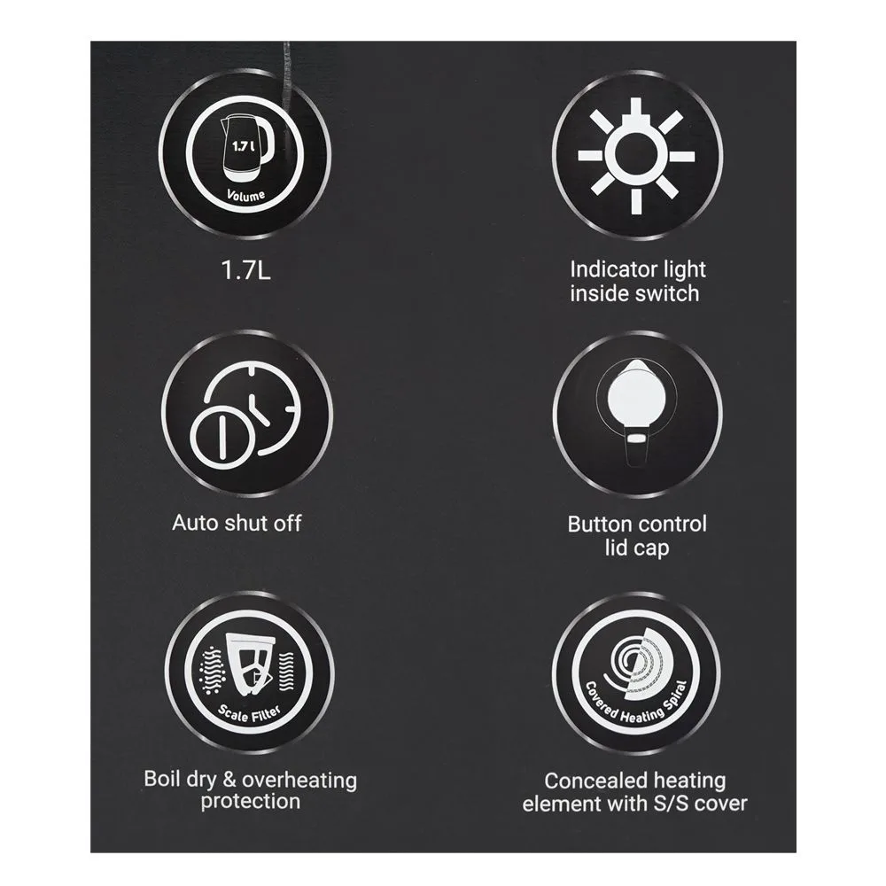 Close-up design of dawlance electric kettle, 1700ml capacity, dwek-4215 g