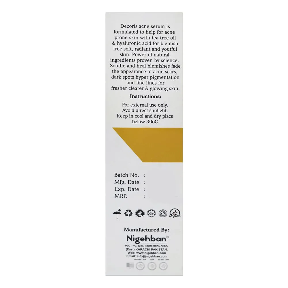 Side view of de'coris acne face serum, for all types of acne, 30ml