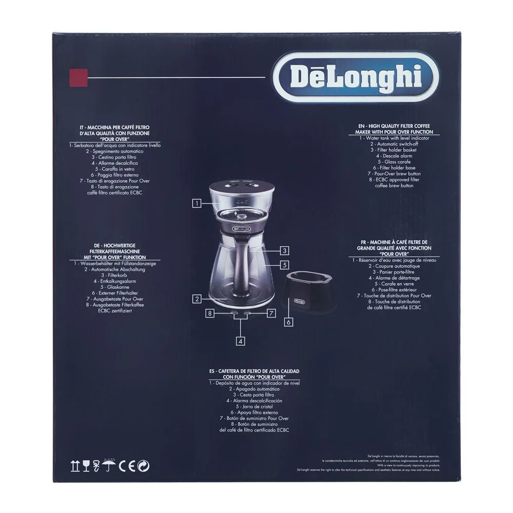 Side view of delonghi clessidra high quality filter coffee machine, icm-17210