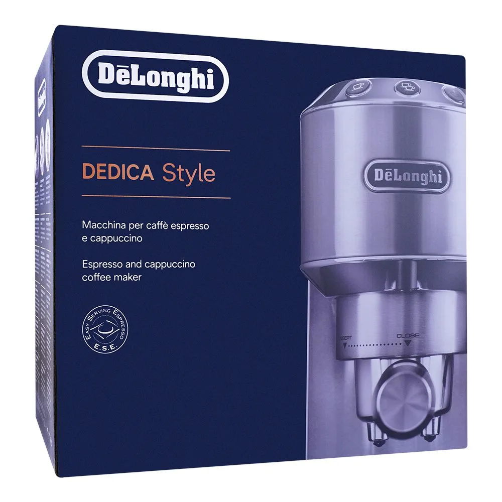 Side view of delonghi dedica style espresso & cappuccino coffee machine, 15 bar, ec-685.bk