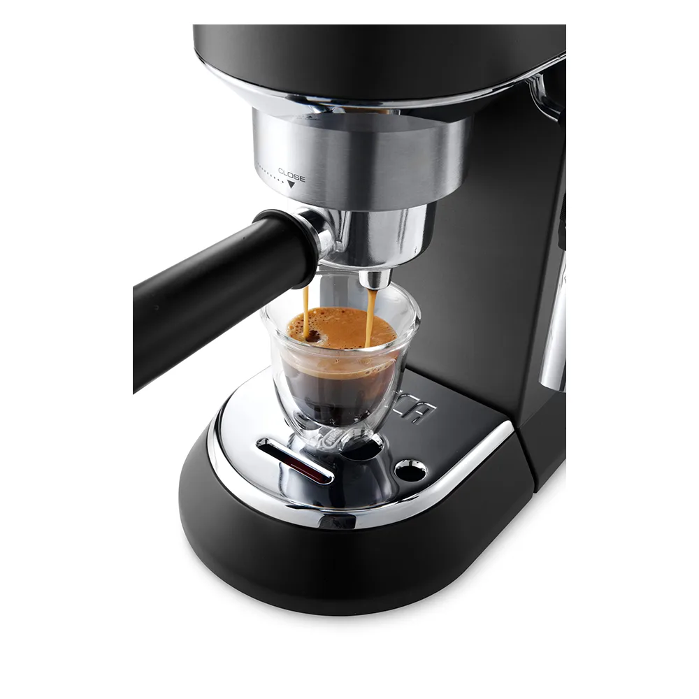 Front angle of delonghi dedica style espresso & cappuccino coffee machine, 15 bar, ec-685.bk