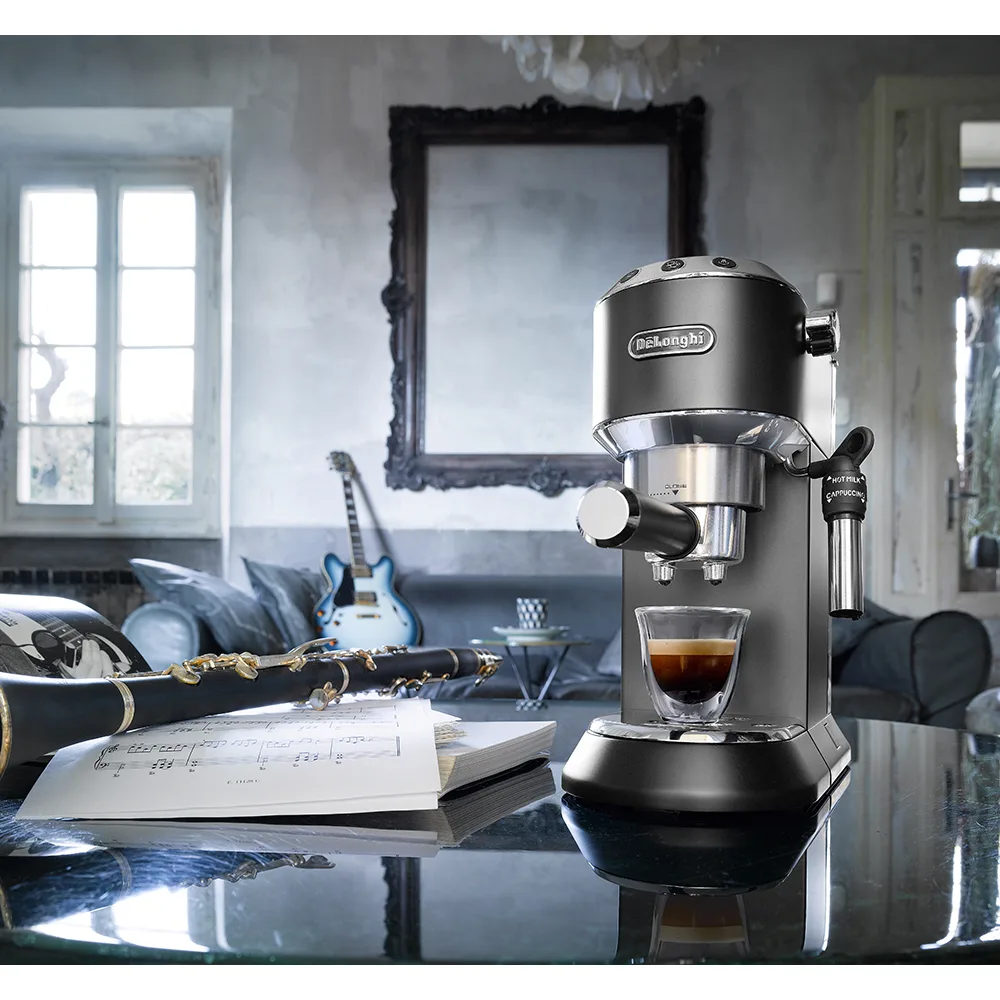 Lifestyle product image of delonghi dedica style espresso & cappuccino coffee machine, 15 bar, ec-685.bk