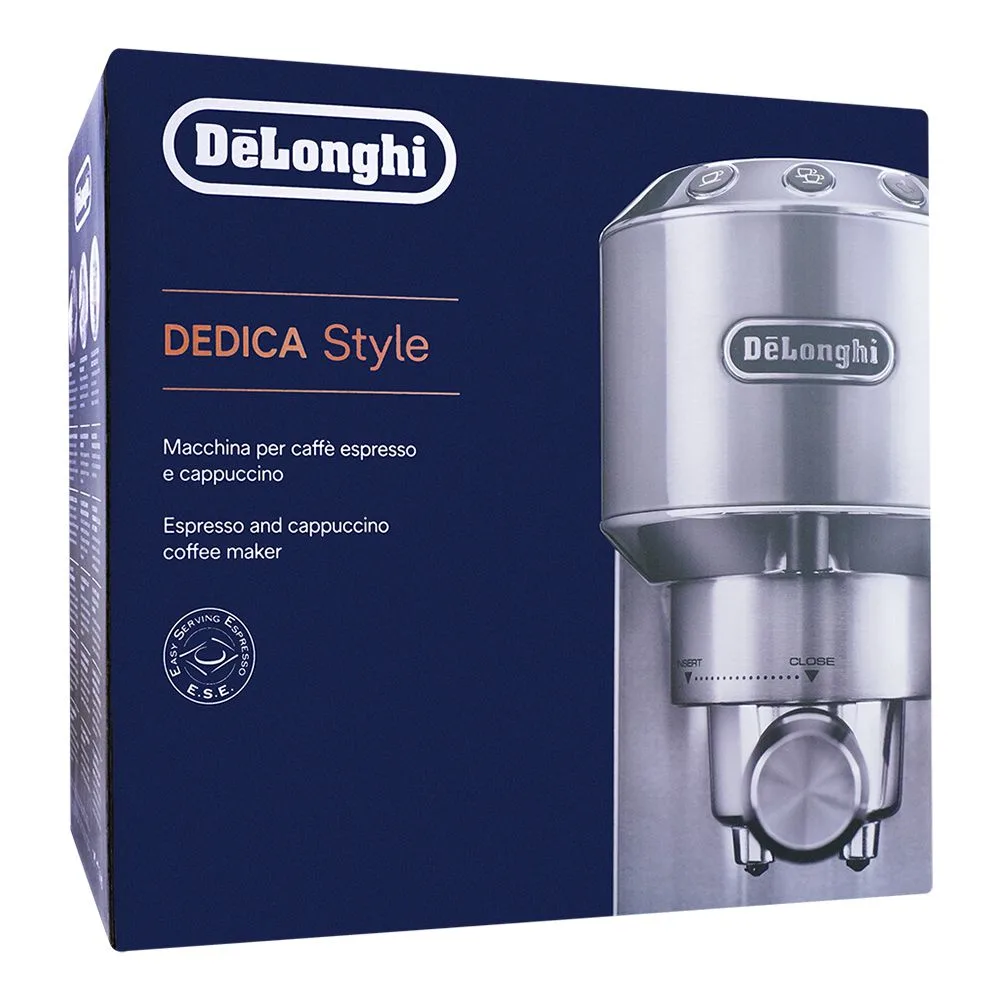 Side view of delonghi dedica style espresso & cappuccino coffee machine, 15 bar, ec-685.w