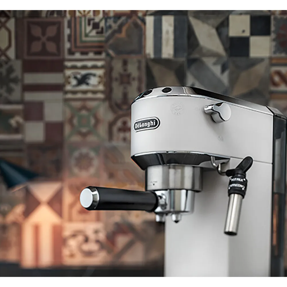 Front angle of delonghi dedica style espresso & cappuccino coffee machine, 15 bar, ec-685.w