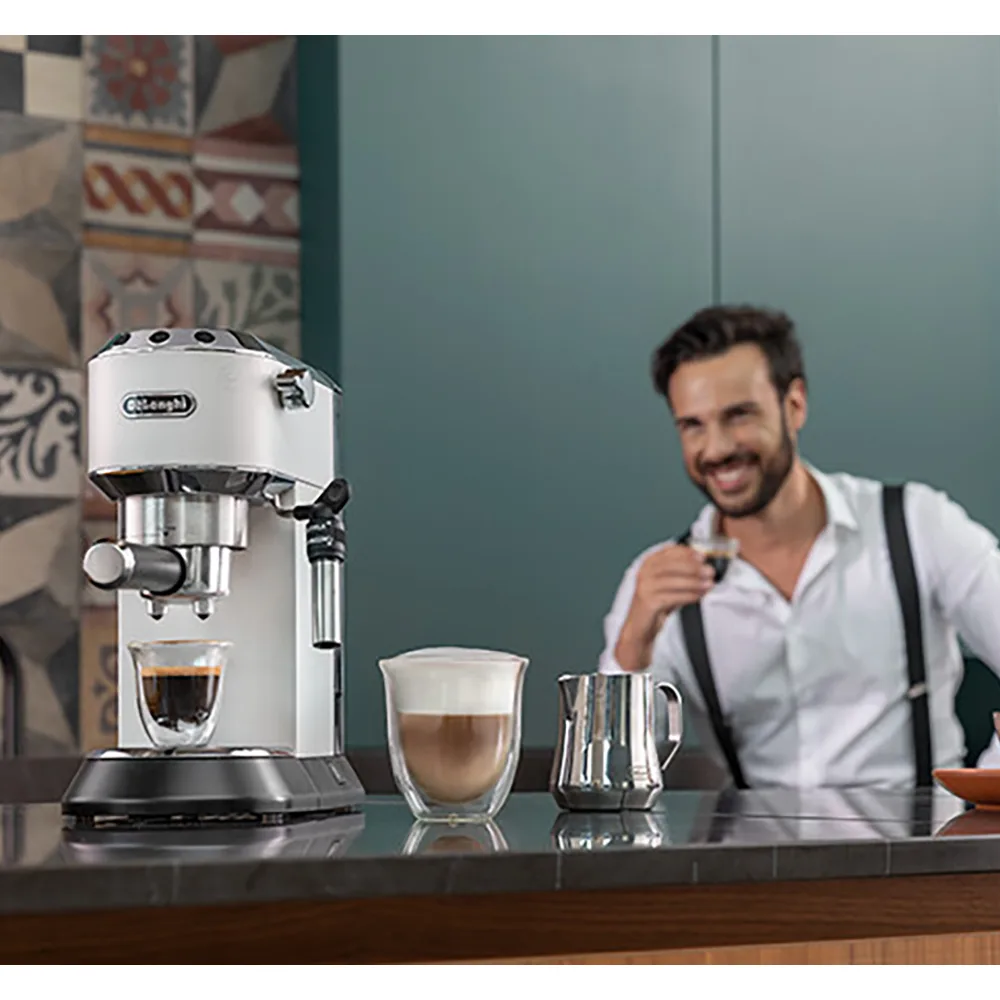 Lifestyle product image of delonghi dedica style espresso & cappuccino coffee machine, 15 bar, ec-685.w