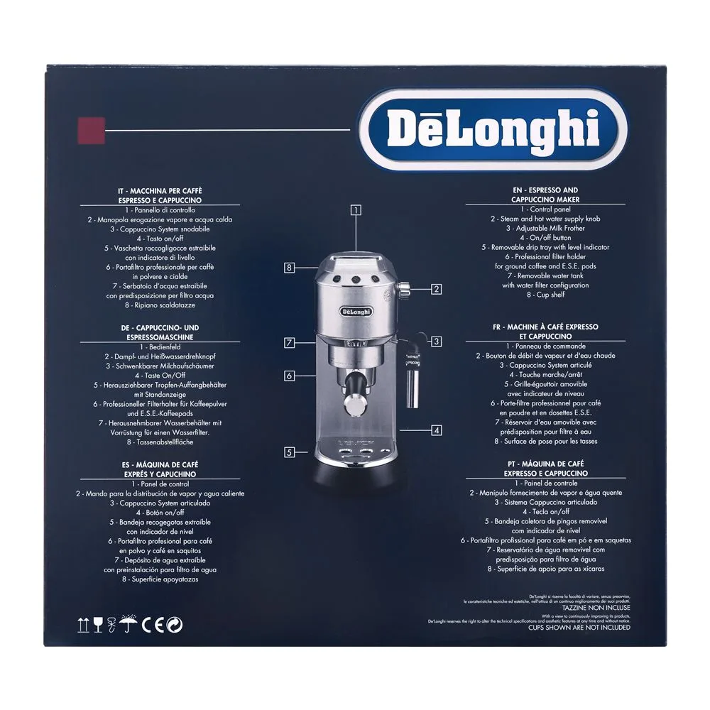 Close-up design of delonghi dedica style espresso & cappuccino coffee machine, ec-685