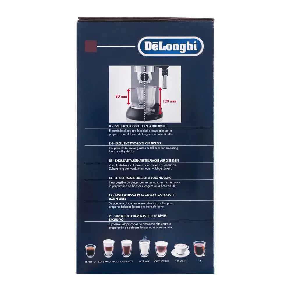 Front angle of delonghi dedica style espresso & cappuccino coffee machine, ec-685
