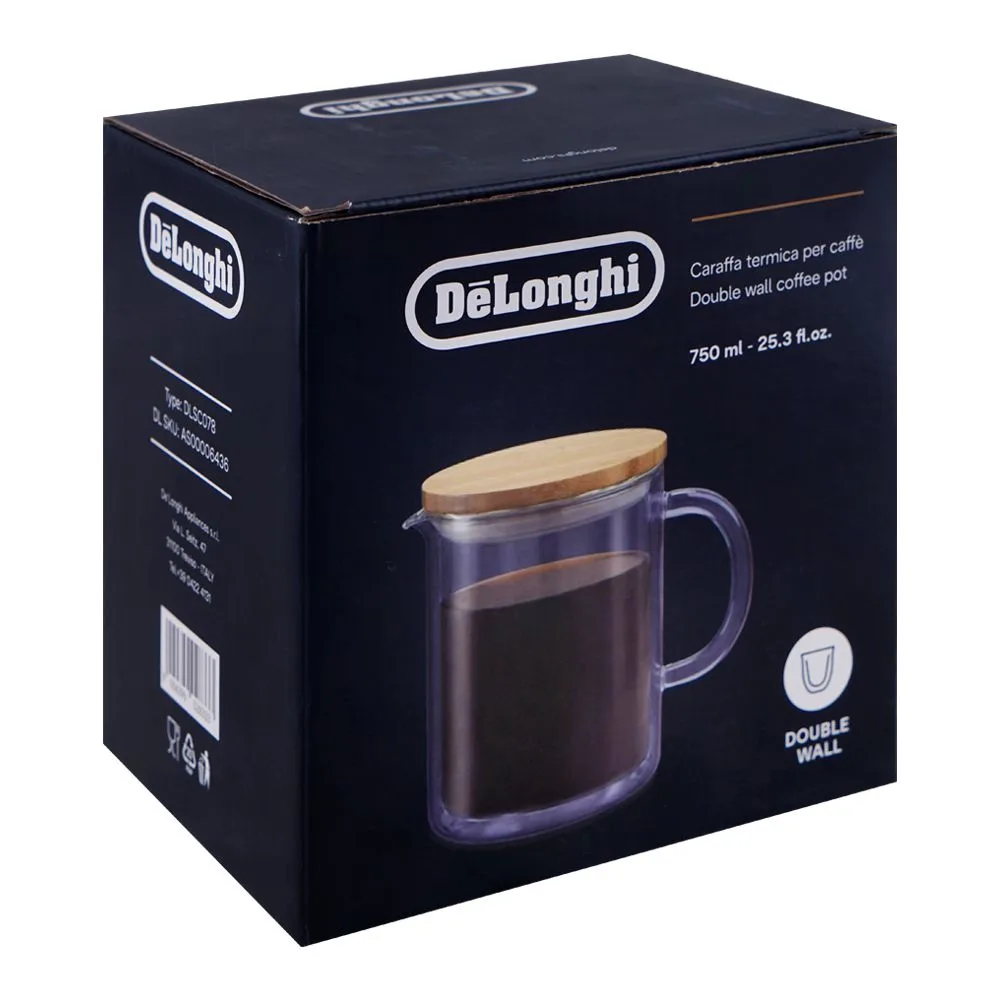 Side view of delonghi double wall coffee pot with lid, 750ml, dlsc078