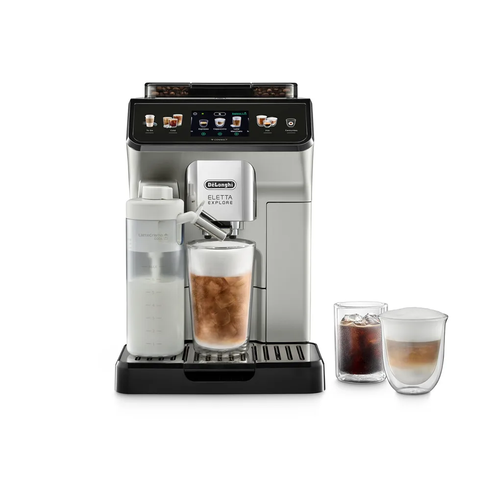 Side view of delonghi eletta explore cold brew coffee machine, ecam450.65.s