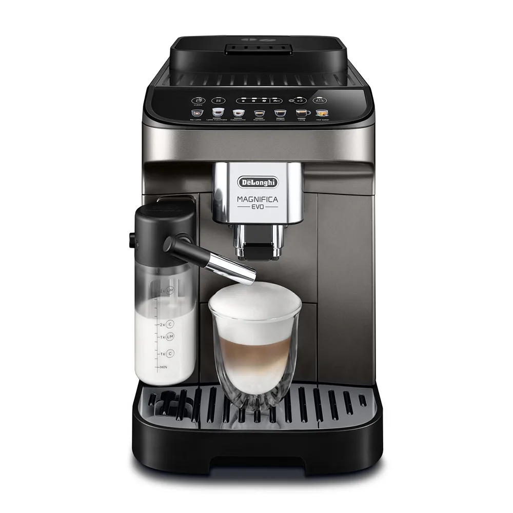 Side view of delonghi magnifica evo automatic coffee machine with lattecrema hot system, ecam290.81.tb