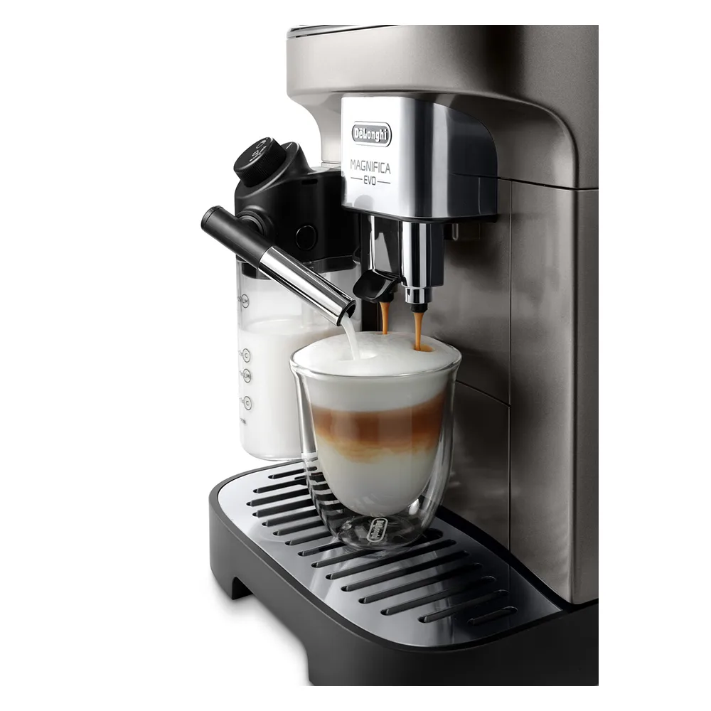 Close-up design of delonghi magnifica evo automatic coffee machine with lattecrema hot system, ecam290.81.tb