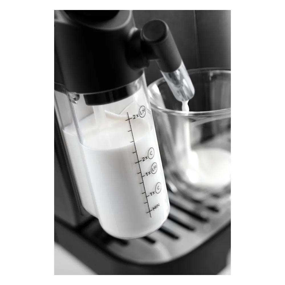 Front angle of delonghi magnifica evo automatic coffee machine with lattecrema hot system, ecam290.81.tb
