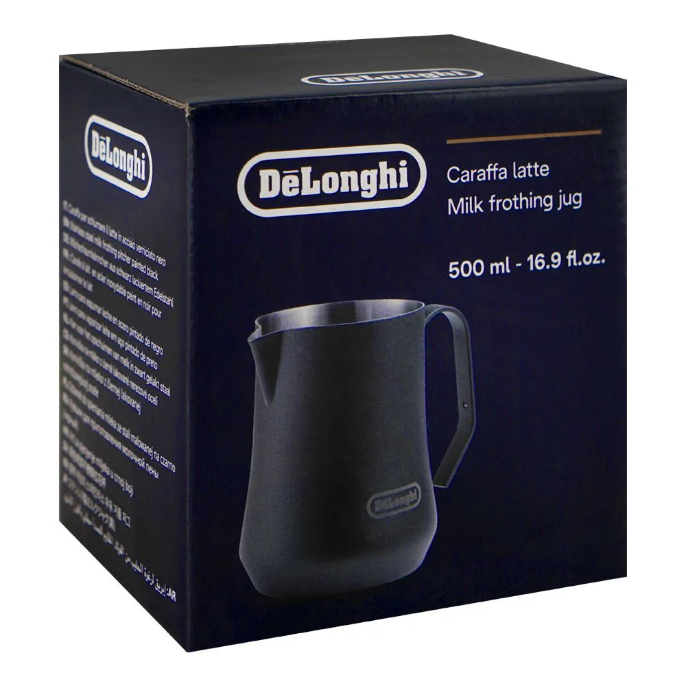 Side view of delonghi milk frothing jug, 500ml, dlsc082