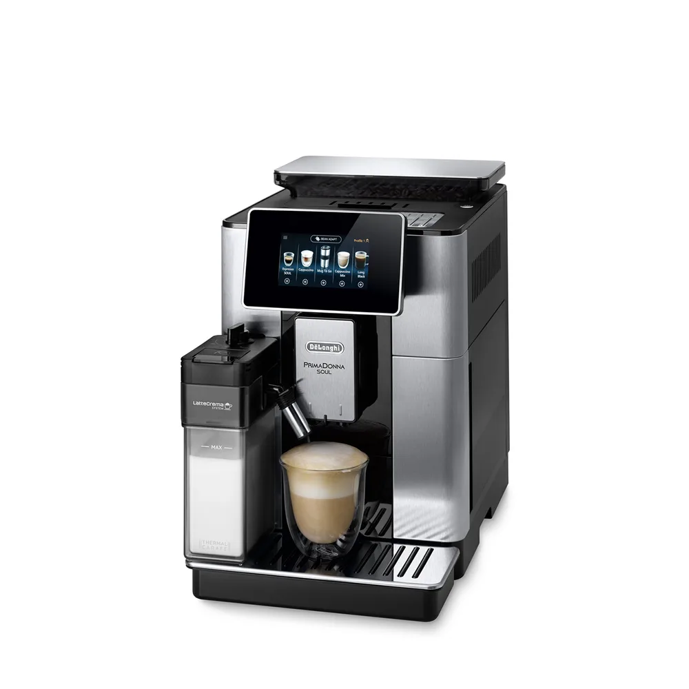 Side view of delonghi primadonna soul automatic coffee machine with lattecrema system, ecam610.75.mb